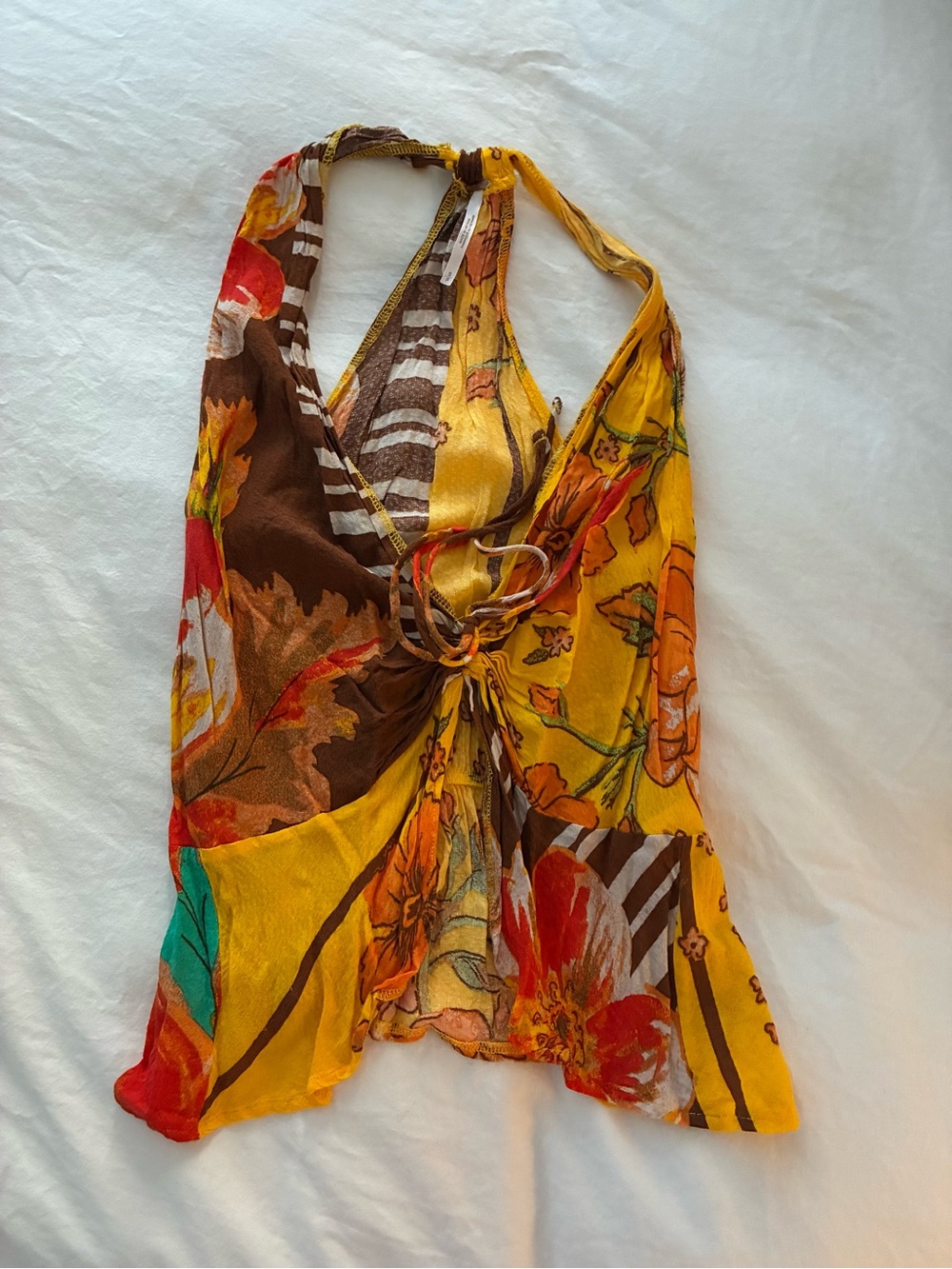 FREE PEOPLE Vibrant Floral Halter Tank Top in Yellow & Brown